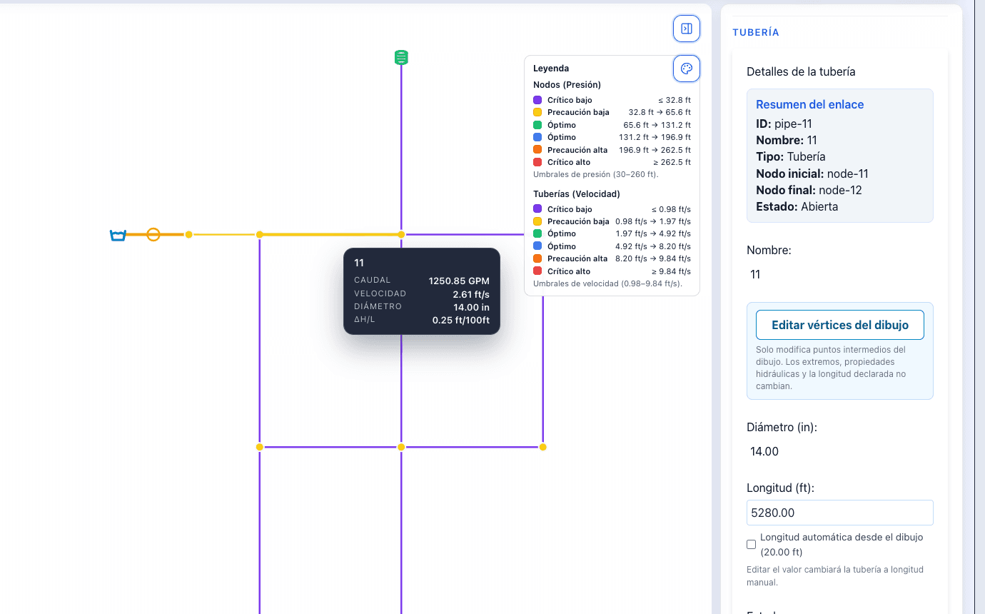 Tubería calculada seleccionada en WatDis Free en español, con caudal, velocidad, diámetro, gradiente hidráulico y leyenda de resultados visibles.